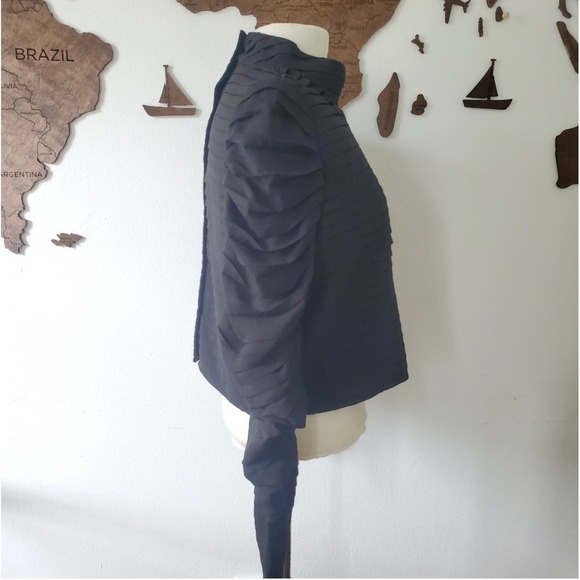 Black Pleated Ruffle Long Sleeve Blouse With Mock Neck & Button Back Size M - Picture 3 of 6